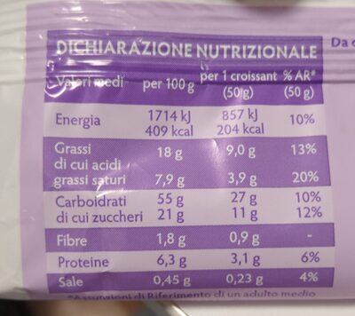 Croissant ciliegia nutrition facts table