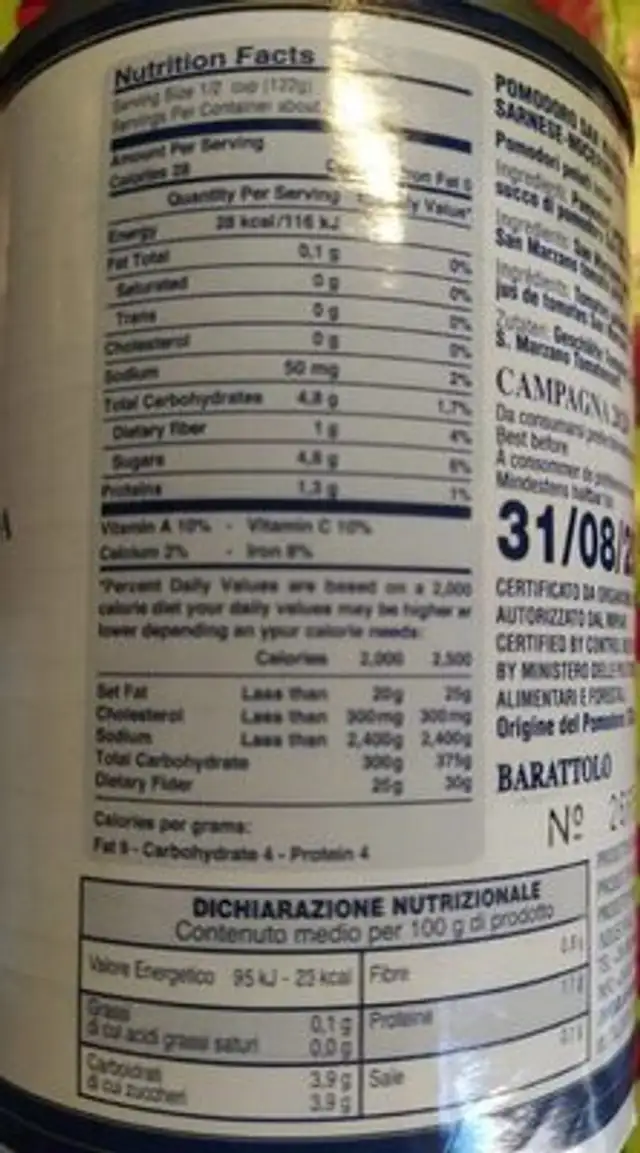 San marzano dop nutrition facts table