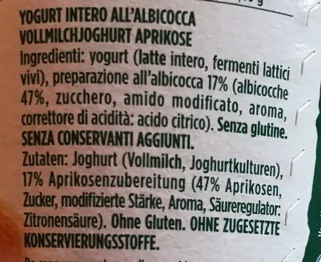 Yogurt albicocca ingredients label
