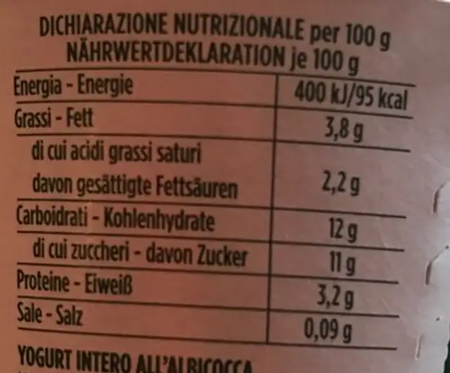 Yogurt albicocca nutrition facts table