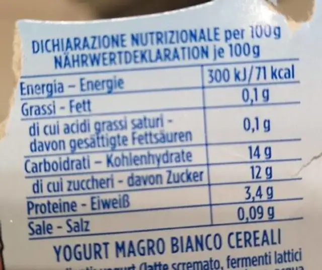 yogurt zero grassi bianco cereali nutrition facts table