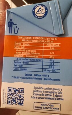 Latte senza lattosio nutrition facts table