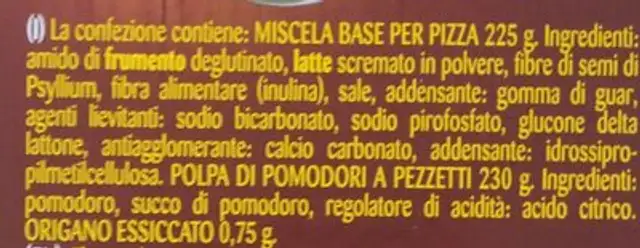 Pizza senza glutine ingredients label