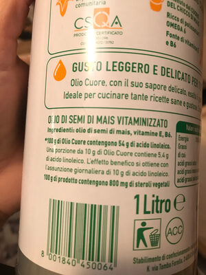 Olio Cuore ingredients label