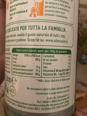Olio Cuore nutrition facts table