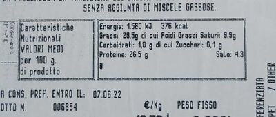 Salame tipo Milano nutrition facts table