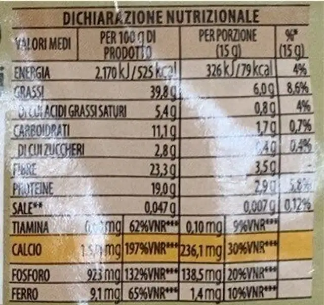 Semi di papavero biologici nutrition facts table