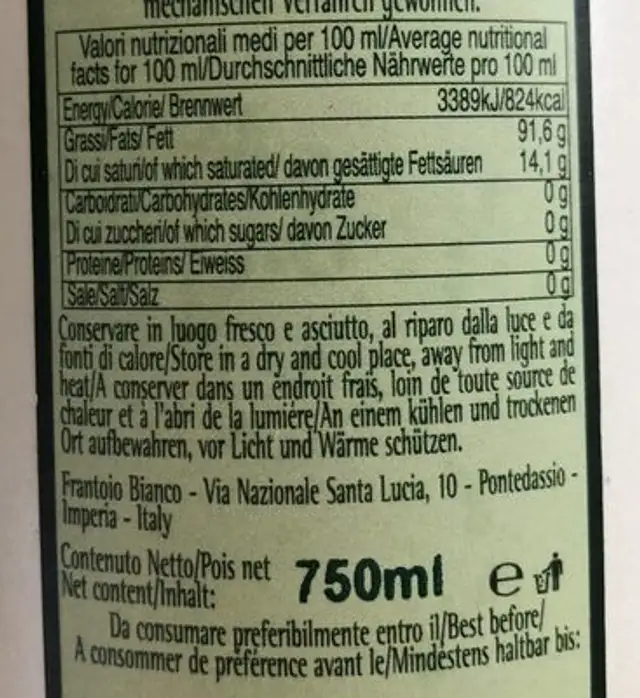 Olio extra vergine di oliva nutrition facts table