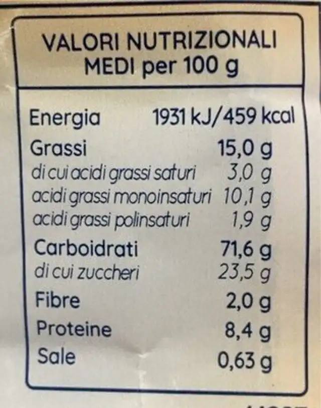 Zalet nutrition facts table