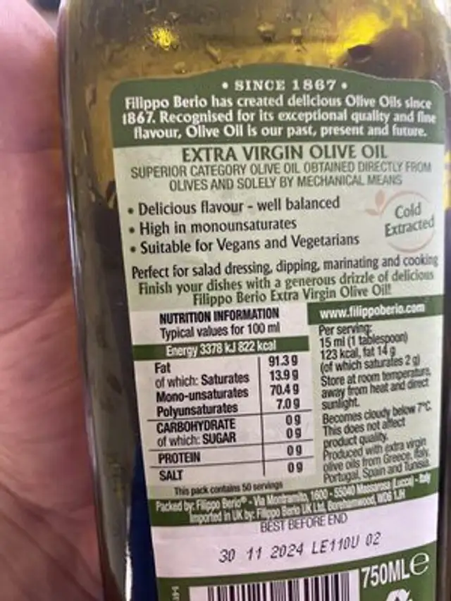 Extra Virgin Olive Oil ingredients label