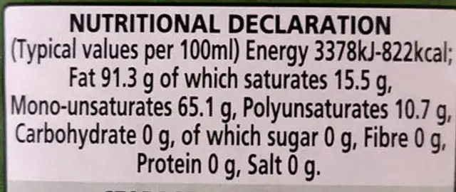 Extra Virgin Olive Oil nutrition facts table
