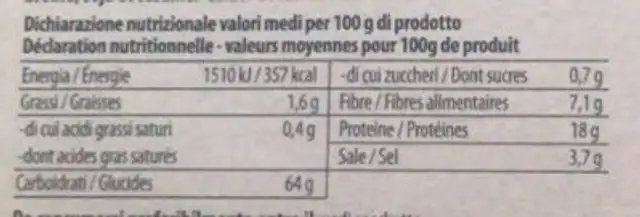 Snack di Lenticchie Rosse Biologici nutrition facts table