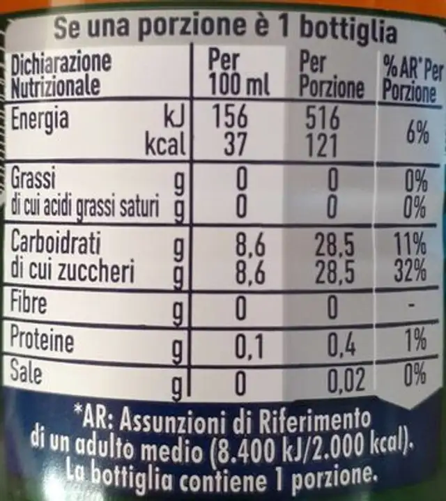 L'arancita Amara nutrition facts table