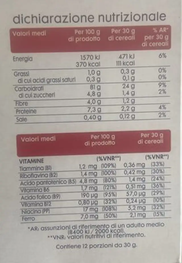 Corn flakes senza glutine ingredients label
