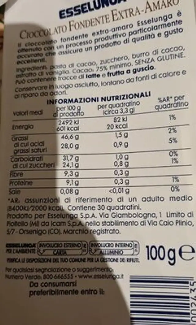Cioccolato fondente extra- amaro 75% nutrition facts table