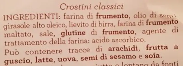 Crostini classici ingredients label