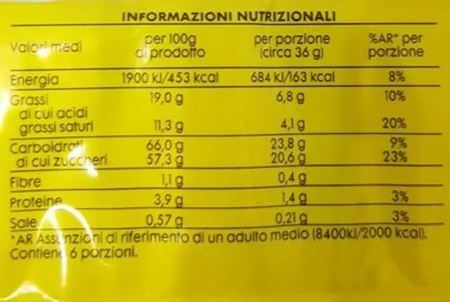 Snack cioccolato al latte nutrition facts table
