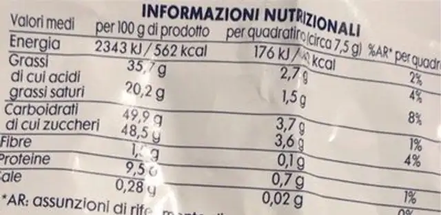 Cioccolato finissimo al latte nutrition facts table
