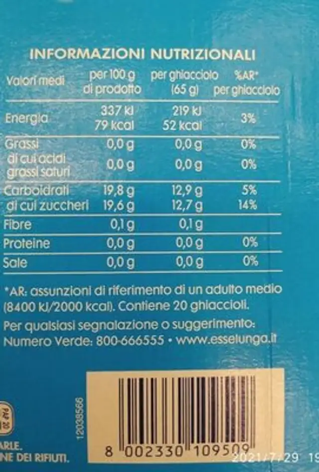 Ghiacciolo nutrition facts table