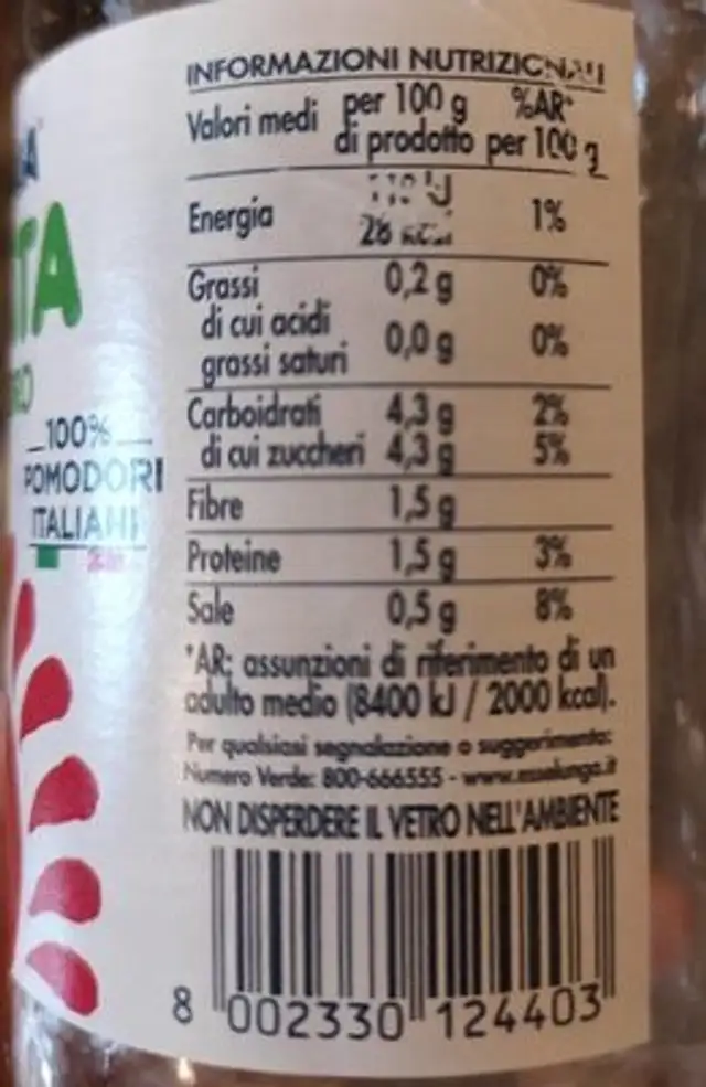 Passata di pomodoro nutrition facts table