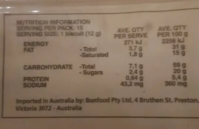 Le sfogliette dorate nutrition facts table