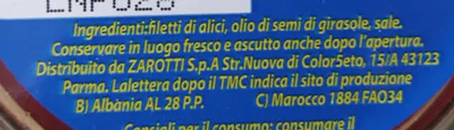 Filetti di alici ingredients label