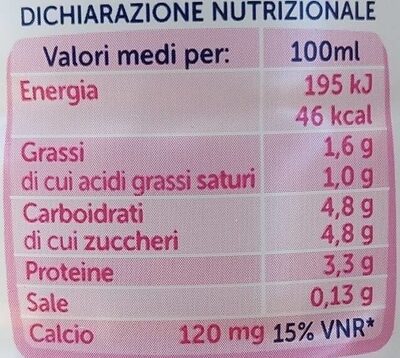 Latte parzialmente scremato nutrition facts table
