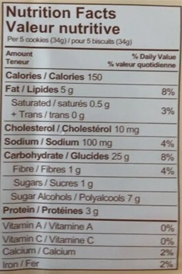 Dolce Senza Biscuits nutrition facts table
