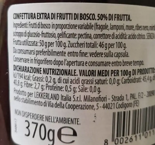 Confettura frutti di bosco nutrition facts table