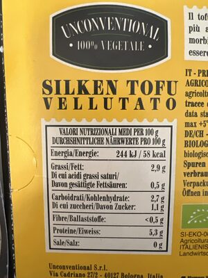 Silken tofu vellutato nutrition facts table