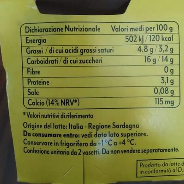 Yogurt alla stracciatella nutrition facts table