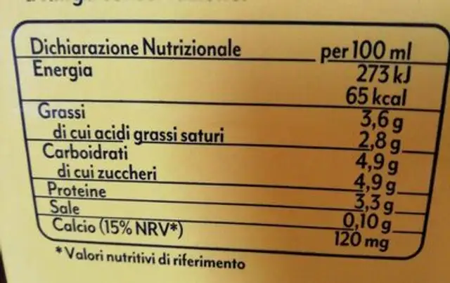 Latte intero uht arborea nutrition facts table