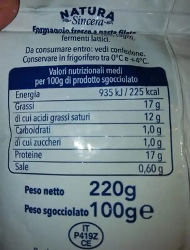 Mozzarella nutrition facts table