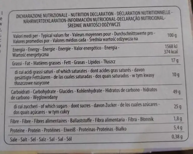 Panettone con crema cioccolato e gocce di cioccolato nutrition facts table