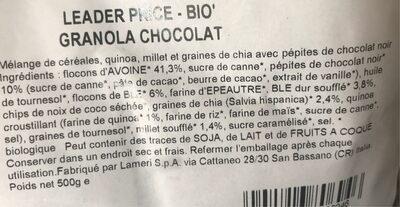 Granola cioccolato ingredients label