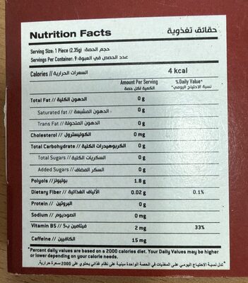 Sporty Gum Cherry Flavor nutrition facts table