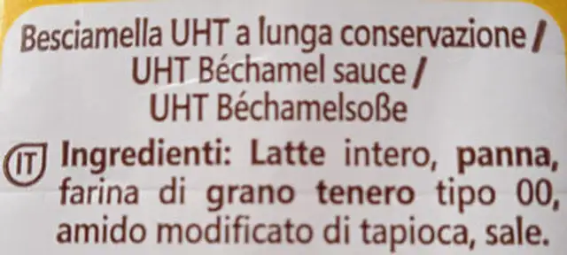 Besciamella ingredients label
