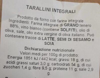 Tarallini Integrali nutrition facts table