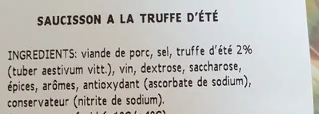 Saucisson a la truffe d’été ingredients label