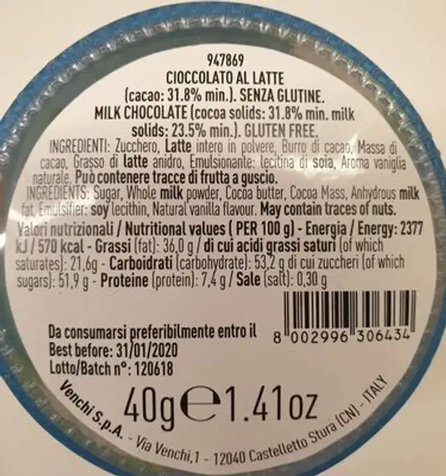 Venchi - canard au chocolat ingredients label