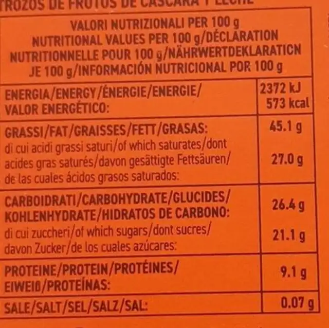 CIOCCOLATO EXTRA FONDENTE nutrition facts table