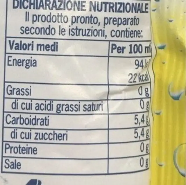 Te freddo nutrition facts table