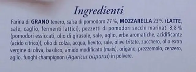 Ristorante pizza margherita saporita ingredients label
