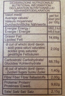 Tarallini nutrition facts table