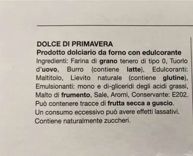 Dalce di Primavera nutrition facts table