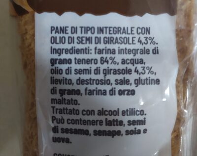 Pane Bauletto Integrale ingredients label