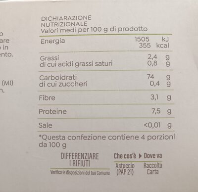 Spaghetti pasta di mais e riso senza glutine nutrition facts table