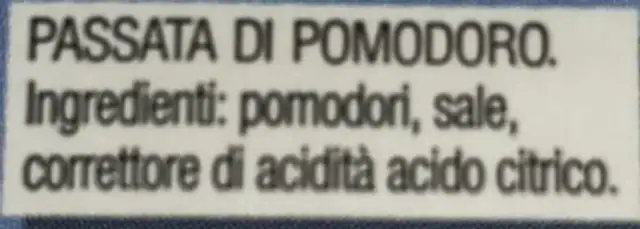 Passata di pomodoro ingredients label
