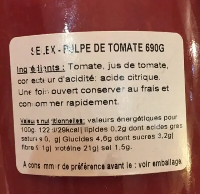 Polpa di Pomodira ingredients label