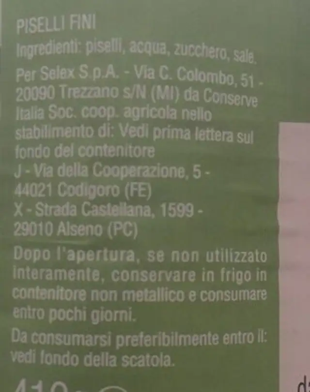 Piselli fini ingredients label